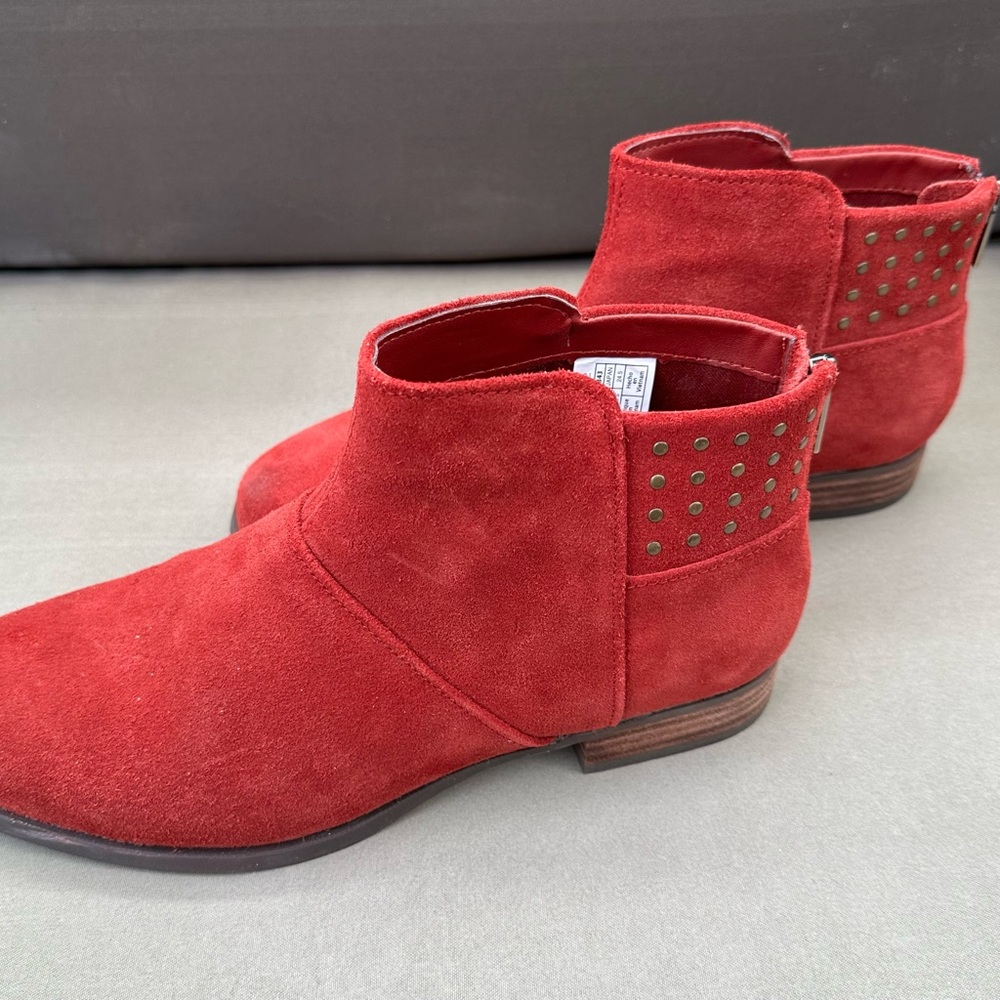 Red suede booties. Like new. Little rub on one toe. I tried to show it in photo.